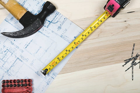 blueprint tools photo, Flatlay, Construction, Tools, instrument of measurement, tape measure, still life, high angle view, ruler, indoors, accuracy, pencil, no people, table, measuring, work tool, wood - material, close-up, planning, paper, construction industry, industry, number, equipment, blueprint, 4K, CC0, public domain, royalty free