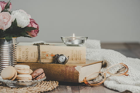books, table, aromatherapy, aromatic, biscuits, can, candle, delicious, flowers, food, health, healthcare, indoors, macarons, pies, relaxation, snack, still life, textile, time, traditional, vintage, wood, zen, flower, flowering plant, plant, book, publication, nature, freshness, beauty in nature, rose, rose - flower, celebration, vase, no people, decoration, drink, glass, tea light, flower arrangement, bouquet, flower head, 5K, CC0, public domain, royalty free