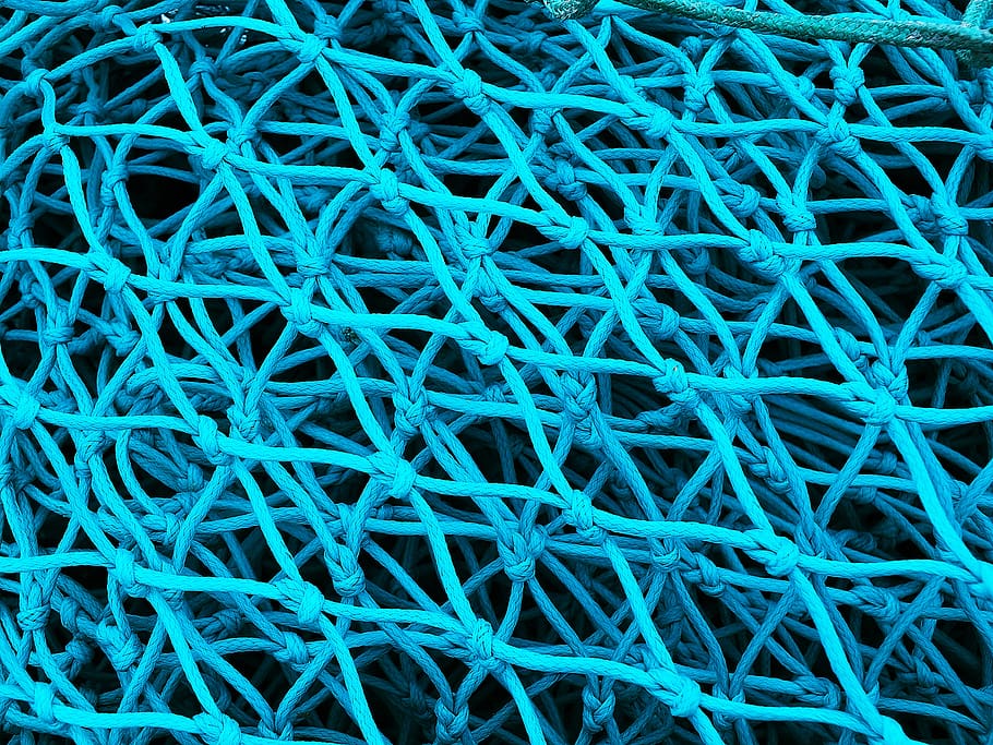 cordes blaves, marc complet, fons, blau, patró, cap gent, primer pla, color verd, vista d’angle alt, textura, connexió, color turquesa, tèxtil, complexitat, a l'interior, material de fusta, indústria, xarxa de pesca, Color blanc, natura morta, enredat, indústria pesquera, entrellaçats, fons blau, 2K
