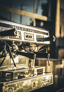 coffee, espresso, machine, kitchenware, technology, communication, close-up, no people, focus on foreground, text, transportation, mode of transportation, information, metal, architecture, western script, land vehicle, rail transportation, sign, day, indoors, information sign, public transportation, retro styled, 4K, CC0, public domain, royalty free