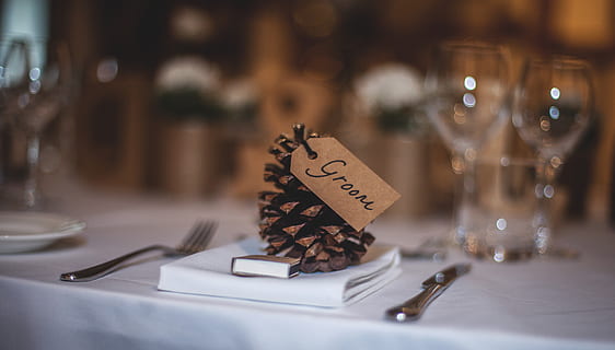 groom text, table, dinner table, groom, macro, pinecone, reservation, reserve, restaurant, table napkin, table setting, tableware, wedding, white table cloth, food and drink, indoors, drink, selective focus, text, refreshment, food, close-up, celebration, alcohol, no people, glass, glass - material, cork - stopper, eating utensil, kitchen utensil, western script, sweet food, household equipment, corkscrew, 5K, CC0, public domain, royalty free