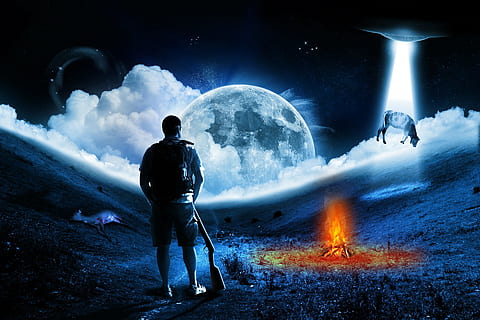 mimozemšťan, Záchvat, UFO, Příroda, noc, temný, planeta, plná délka, zpětný pohled, jedna osoba, měsíc, kouř - fyzikální struktura, voda, průzkum, dobrodružství, plamen, astronomie, dospělý, objev, teplota - teplota, hvězda - prostor, stojící, nebe, muži, 1080P, CC0, veřejná doména, bez autorských práv