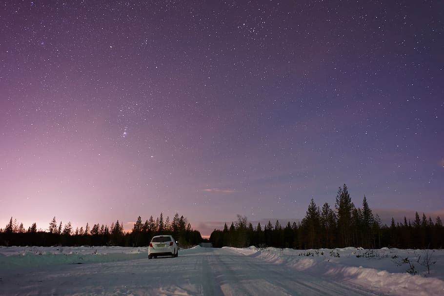himmel, Sky, træer, plante, natur, udendørs, vinter, sne, Skov, bil, køretøj, vej, rejse, kold temperatur, skønhed i naturen, nat, scenics - natur, stjerne - rum, træ, astronomi, plads, ingen mennesker, ro, galakse, konstellation, rolig scene, idyllisk, stjerne felt, sner, 5K