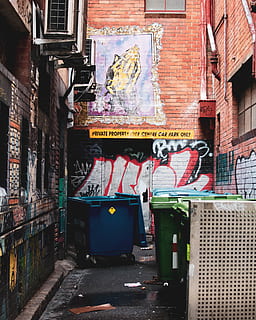 contenidors d'escombraries, graffiti, urbà, carrer, Melbourne, mural, art, pintura, edifici, ciutat, carretera, paret, carreró, art de carrer, fotografia de carrer, maó, asfalt, escombraries, estructura construïda, arquitectura, exterior de l'edifici, text, cap gent, funció de construcció de parets, dia, guió, creativitat, art i artesania, script no occidental, comunicació, cubell d 'escombraries, a l'aire lliure, 4K, CC0, domini públic, lliure de regalies