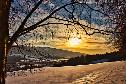 solnedgang, sne, Skov, træer, kold, skumring, skyer, naturskøn, himmel, bjerge, vandring, vinterlige, aften, mystisk, mystik, vidunderlig, romantisk, Steiermark, lammerarlm, træ, vinter, kold temperatur, skønhed i naturen, ro, plante, bare træ, rolig scene, scenics - natur, ingen mennesker, natur, sol, silhuet, dækker, miljø, ikke-urbane scene, udendørs, snedækket bjerg, 4K, CC0, offentligt domæne, royaltyfrie