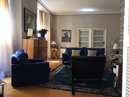 spain, madrid, chair, indoors, seat, furniture, home interior, domestic room, living room, sofa, empty, relaxation, home showcase interior, absence, flooring, lighting equipment, no people, window, table, armchair, architecture, day, luxury, coffee table, 2K, CC0, public domain, royalty free