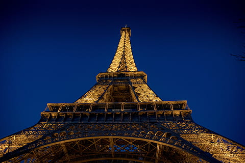 eiffel tower, paris, night, lights, france, symbol, architecture, built structure, travel destinations, tower, blue, sky, low angle view, city, history, building exterior, no people, clear sky, travel, nature, the past, tourism, outdoors, building, spire, skyscraper, 5K, CC0, public domain, royalty free