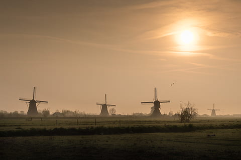 màquina, motor, kinderdijk, transport, avions, vehicle, avió, turbina, naturalesa, Holanda, aerogenerador, sortida del sol, cel, sol, ocell, animal, alba, paisatge, camps, medi ambient, camp, posta de sol, energia eòlica, energia renovable, energia alternativa, generació de combustible i energia, conservació del medi ambient, terra, escena rural, cap gent, molí de vent tradicional, bellesa a la natura, núvol - cel, 5K, CC0, domini públic, lliure de regalies