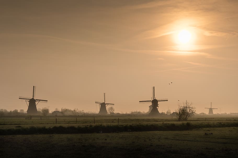màquina, motor, kinderdijk, transport, avions, vehicle, avió, turbina, naturalesa, Holanda, aerogenerador, sortida del sol, cel, sol, ocell, animal, alba, paisatge, camps, medi ambient, camp, posta de sol, energia eòlica, energia renovable, energia alternativa, generació de combustible i energia, conservació del medi ambient, terra, escena rural, cap gent, molí de vent tradicional, bellesa a la natura, núvol - cel, 5K