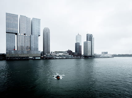 architecture, building, infrastructure, blue, sky, city, urban, skyline, skyscraper, sea, water, boat, sailing, building exterior, built structure, office building exterior, waterfront, nautical vessel, transportation, nature, urban skyline, office, cityscape, tall - high, landscape, modern, outdoors, financial district, 4K, CC0, public domain, royalty free
