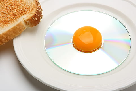 bread, breakfast, cd, chef, cooking, dvd, easter, egg, eggs, food, meal, metaphor, omelette, toast, white, food and drink, indoors, close-up, white background, studio shot, still life, no people, plate, wellbeing, freshness, high angle view, circle, geometric shape, cut out, healthy eating, egg yolk, 4K, CC0, public domain, royalty free