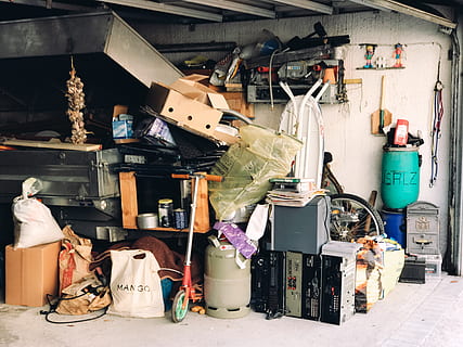 garage, construction, stuff, clutter, choice, large group of objects, variation, no people, indoors, container, stack, day, workshop, built structure, collection, equipment, architecture, still life, storage room, plastic, messy, hanging, abundance, 4K, CC0, public domain, royalty free