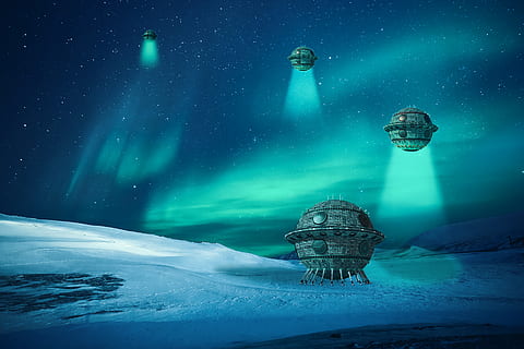 vers l'avant, OVNI, espace, robot, fantaisie, futuriste, La technologie, science fiction, composition, sci fi, paysage, voyage dans l'espace, robotique, planète, recherche, cosmos, température froide, hiver, neige, nuit, paysages - nature, la nature, beauté dans la nature, ciel, astronomie, étoile - espace, illuminé, congelé, environnement, personne, architecture, longue exposition, la glace, composite numérique, il neige, 8K, CC0, domaine public, libre de droits