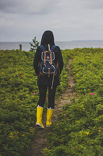person, black, hooded jacket, walking, pathway, cloudy, sky, adventure, backpack, nature, path, rubber boots, trip, wanderlust, plant, real people, rear view, full length, lifestyles, one person, land, standing, beauty in nature, leisure activity, day, grass, field, scenics - nature, growth, activity, sea, outdoors, 5K, CC0, public domain, royalty free