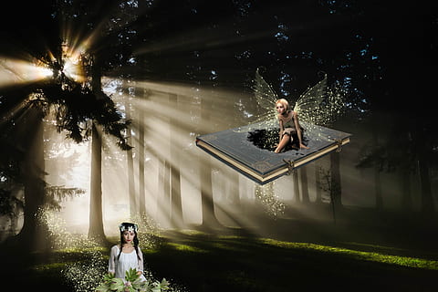 fantasy, forest, light, fee, flower girl, atmosphere, romantic, photomontage, nature, one person, plant, leisure activity, tree, women, lifestyles, females, young adult, full length, adult, water, real people, night, casual clothing, emotion, child, childhood, outdoors, swimming pool, 4K, CC0, public domain, royalty free