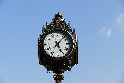 clock, time, pointer, hour, bucharest, romania, capital, historically, sky, low angle view, blue, no people, nature, architecture, day, clock face, minute hand, clear sky, roman, antique, built structure, roman numeral, old, sunlight, circle, ornate, 5K, CC0, public domain, royalty free