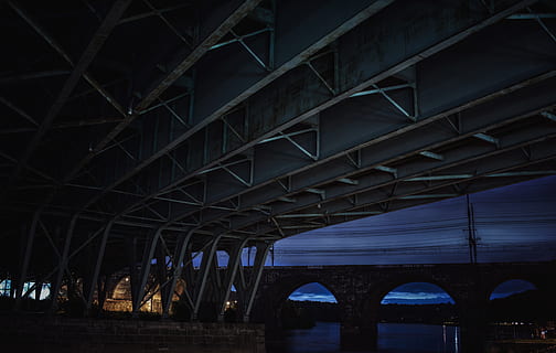 bridge during nighttime, architecture, built structure, no people, connection, bridge, transportation, bridge - man made structure, indoors, water, low angle view, night, reflection, arch, illuminated, underneath, nature, ceiling, river, architectural column, girder, roof beam, 5K, CC0, public domain, royalty free