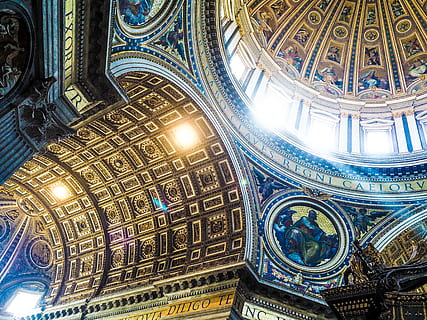 interior de la catedral, arquitectura, estructura construida, lugar de adoración, religión, creencia, espiritualidad, techo, vista de ángulo bajo, adentro, edificio, destinos de viaje, Hazme, florido, Arte y artesanía, mural, nadie, cúpula, fresco, arquitectura y arte, columna arquitectonica, 4K, CC0, dominio público, libre de derechos
