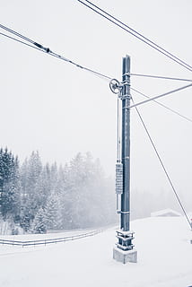 snow, winter, cable, sky, cold temperature, technology, nature, tree, electricity, connection, no people, plant, cable car, day, clear sky, power line, mountain, transportation, overhead cable car, outdoors, power supply, snowing, 5K, CC0, public domain, royalty free
