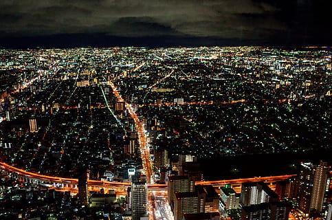 nat visning, Osaka, arkitektur, by, bygget struktur, bybilledet, bygning udvendig, nat, overfyldt, bygning, høj vinkel visning, belyst, menneskemængde, luftfoto, boligområde, byliv, rejsemål, natur, himmel, udendørs, kontorbygning udvendig, skyskraber, natteliv, 4K, CC0, offentligt domæne, royaltyfrie