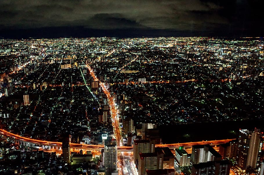 nat visning, Osaka, arkitektur, by, bygget struktur, bybilledet, bygning udvendig, nat, overfyldt, bygning, høj vinkel visning, belyst, menneskemængde, luftfoto, boligområde, byliv, rejsemål, natur, himmel, udendørs, kontorbygning udvendig, skyskraber, natteliv, 4K