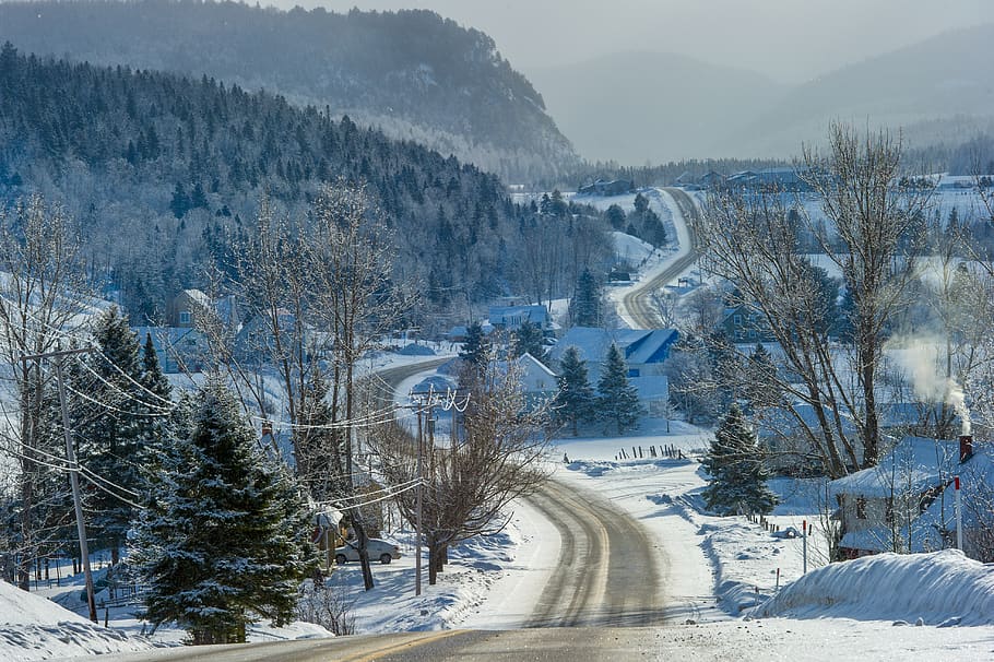 carretera de formigó buida, arbre, planta, avet, abies, carretera, muntanya, neu, naturalesa, a l'aire lliure, Canadà, petit-saguenay, petit saguenay, conífera, hivern, edifici, paisatge, gel, pi, picea, temperatura de fred, bellesa a la natura, escenics - natura, dia, tranquil·litat, escena tranquil·la, medi ambient, escena no urbana, cap gent, terra, Color blanc, Serra, muntanya nevada, 4K