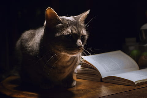 hayvan, kitap, iç, tablo, hayvan temaları, memeli, Evcil Hayvanlar, yerli, kedi, yayın, ev kedisi, bir hayvan, kedi bıyığı, içeriye, kâğıt, okuma, Eğitim, kapatmak, oturma, insansız, ders çalışıyor, hayvan başı, 5K, CC0, kamu malı, telif ücretsiz