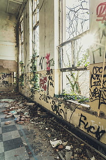 obert, finestra, vàndals, graffiti, text, arquitectura, abandonat, estructura construïda, cap gent, edifici, comunicació, dia, a l'aire lliure, guió occidental, paret, desordenat, naturalesa, planta, espatllat, creativitat, signe, brut, 5K, CC0, domini públic, lliure de regalies