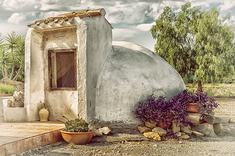 cisterna, construcció, rústic, rural, vintage, planta, naturalesa, flor, estructura construïda, planta amb flors, arquitectura, exterior de l'edifici, planta en test, edifici, cap gent, casa, dia, creixement, núvol - cel, arbre, a l'aire lliure, bellesa a la natura, cel, entrada, davant o pati del darrere, bé, test de flor, 5K, CC0, domini públic, lliure de regalies