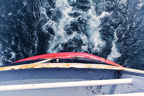 ship, waves, water, current, blue, river, transportation, mode of transportation, nautical vessel, no people, nature, day, motion, high angle view, outdoors, sport, white color, red, railing, beauty in nature, architecture, speed, scenics - nature, 5K, CC0, public domain, royalty free