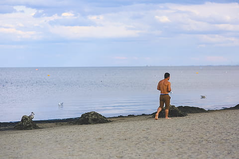 young, man, walking, sand beach, beach, boy, clouds, daylight, guy, handsome, holiday, human, landscape, leisure, muscles, ocean, people, recreation, sand, sea, seascape, seashore, shirtless, summer, sun, surf, vacation, water, sky, rear view, real people, one person, beauty in nature, full length, scenics - nature, cloud - sky, lifestyles, land, horizon, horizon over water, leisure activity, standing, men, casual clothing, outdoors, shorts, 4K, CC0, public domain, royalty free