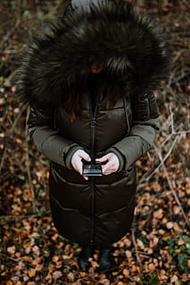 autumn, walk, forest, foggy, weather, november, fog, fall, woods, one person, real people, land, leisure activity, lifestyles, clothing, nature, standing, technology, front view, day, leaf, focus on foreground, field, women, jacket, warm clothing, outdoors, hood - clothing, hairstyle, obscured face, 4K, CC0, public domain, royalty free