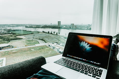 laptop, electronics, pc, computer, keyboard, computer keyboard, hardware, computer hardware, monitor, display, lcd screen, screen, city, travel, hustling, hustle, writing, text, notebook, apple, wireless technology, technology, communication, connection, indoors, window, day, sky, table, water, using laptop, nature, glass - material, architecture, furniture, no people, skyscraper, 5K, CC0, public domain, royalty free