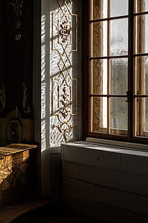 ventana de vidrio cerrada, ventana, adentro, nadie, día, material de vidrio, arquitectura, luz del sol, edificio, transparente, interior de la casa, naturaleza, cuarto doméstico, casa, estructura construida, ausencia, cortina, árbol, material de madera, mueble, vaso, marco de la ventana, 5K, CC0, dominio público, libre de derechos