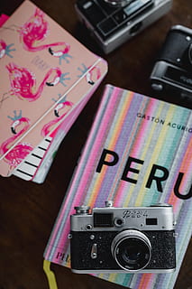 old, analog cameras, pink, books, wooden, table, camera, analog, book, diary, flamingo, technology, photography themes, camera - photographic equipment, still life, no people, indoors, high angle view, multi colored, close-up, photographic equipment, communication, retro styled, focus on foreground, number, pink color, equipment, text, digital camera, 4K, CC0, public domain, royalty free
