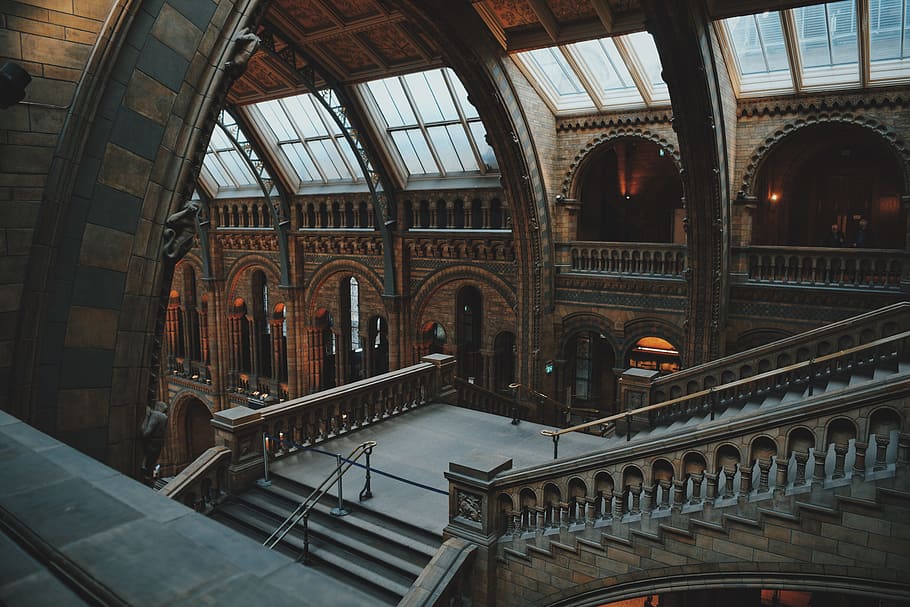 hnědý, beton, budova, interiér, schody, kroky, okno, sklenka, oblouk, architektura, zábradlí, schodiště, tradiční design, prohlížení památek, muzeum národní historie, Spojené království, Londýn, muzeum, stavba, uvnitř, den, minulost, Dějiny, destinace, nikdo, náboženství, místo uctívání, nízký úhel pohledu, víra, strop, cestovní ruch, architektonický sloup, cestovat, duchovno, klenutý, 5K