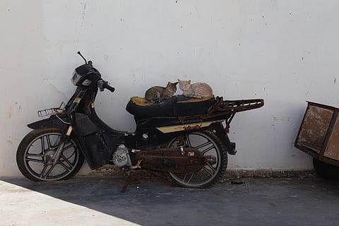 moto underbone nera, veicolo, motociclo, vespa, scooter, mezzi di trasporto, ciclomotore, bicicletta, grigio, strada, ghiaia, strada sterrata, carrozza, caratteristica della parete, veicolo terrestre, modo di trasporto, nessuno, stazionario, assenza, giorno, architettura, parete, carrello, struttura costruita, pavimentazione, abbandonato, vecchio, all'aperto, ruota, 4K, CC0, dominio pubblico, privo di copyright