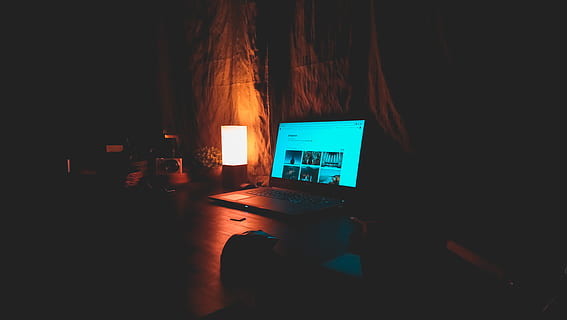 technology, art, design, tech, laptop, work, desk, setup, aesthetic, minimal, light, dark, indoors, computer, no people, table, illuminated, darkroom, wood - material, connection, domestic room, glowing, computer equipment, nature, home interior, lighting equipment, wireless technology, communication, electric lamp, keyboard, 5K, CC0, public domain, royalty free