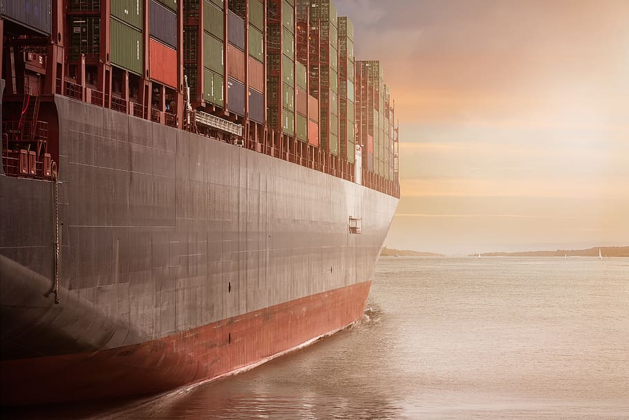 boat, body, water, cargo, cargo container, city, clouds, container, container ship, export, harbor, harbour, import, industry, logistics, ocean, sea, ship, shipment, sky, transportation system, vehicle, vessel, watercraft, sunset, nautical vessel, nature, transportation, no people, waterfront, cloud - sky, business, horizon, mode of transportation, freight transportation, outdoors, reflection, land, horizon over water, 4K