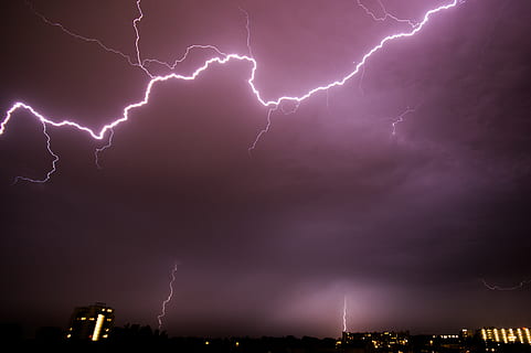 thunder, struck, across, clouds, dark clouds, lightning, lights, storm, thunderstorm, power in nature, cloud - sky, power, sky, night, beauty in nature, warning sign, communication, storm cloud, environment, dramatic sky, forked lightning, sign, nature, electricity, architecture, no people, outdoors, ominous, purple, rain, dark, extreme weather, flash, 4K, CC0, public domain, royalty free