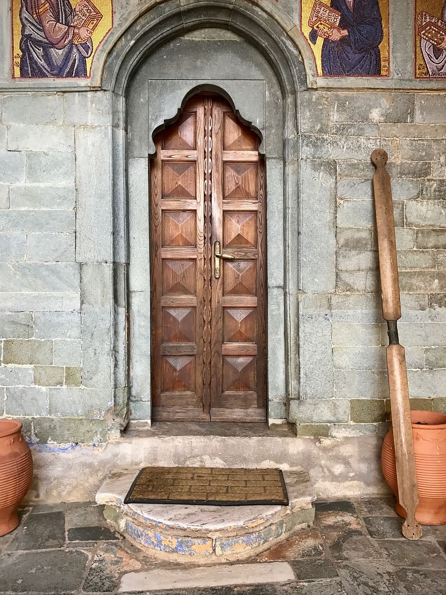 Řecko, mount athos, exteriér budovy, stavba, dveře, vchod, Zavřeno, architektura, den, budova, dřevo - materiál, oblouk, venku, umění a řemesla, nikdo, bezpečnostní, místo uctívání, náboženství, ochrana, duchovno, víra, kamenná zeď, 4K