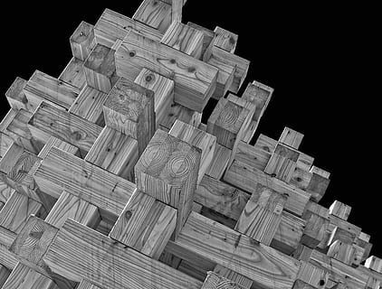 architektura, sochařství, vzory, textur, croos, výstava, dřevo, podrobnosti, složení, Černá, bílý, stálý život, velká skupina objektů, nikdo, uvnitř, dřevo - materiál, vzor, hojnost, design, umění a řemesla, tvar, tvořivost, detail, studio shot, zásobník, vysoký úhel pohledu, uspořádání, blok, náklon, černé pozadí, 5K, CC0, veřejná doména, bez autorských práv