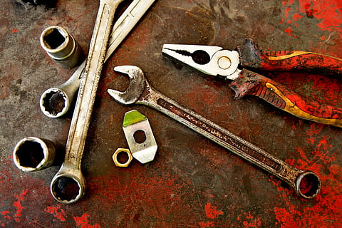 colour rust, rust, steel, tools, machine, spanner, pliers, red, old, worn, wrench, nut, bolt, metal, no people, work tool, still life, indoors, tool, equipment, variation, choice, hand tool, table, high angle view, close-up, group of objects, scissors, art and craft, directly above, rusty, alloy, 5K, CC0, public domain, royalty free