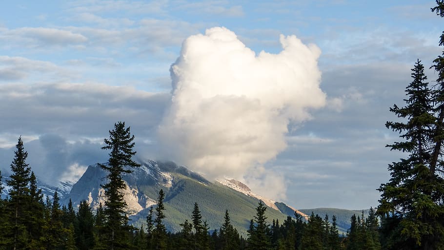 Canada, Canmore, Sky, skyer, himmel, blå, grøn, bjerg, bjerge, eventyr, udforske, træer, baggrund, ferie, rejse, alberta, solrig, forår, sommer, humørsyg, træ, sky - himmel, plante, skønhed i naturen, scenics - natur, rolig scene, natur, ikke-urbane scene, ingen mennesker, miljø, ro, Skov, vækst, jord, dag, udendørs, bjergkæde, fyrretræ, bjergtop, nåletræ, formation, magt i naturen, 4K