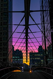 bridge during nighttime, architecture, built structure, sky, transportation, no people, building exterior, low angle view, mode of transportation, city, illuminated, bridge, nature, dusk, bridge - man made structure, sunset, clear sky, building, outdoors, connection, motor vehicle, modern, office building exterior, skyscraper, 5K, CC0, public domain, royalty free