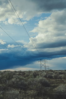 utility post, clouds, electrical, electricity, energy, environment, grass, high, high voltage, landscape, outdoors, power, power lines, power supply, sky, steel, tower, transmission, utility pole, voltage, wires, cloud - sky, cable, fuel and power generation, electricity pylon, power line, technology, land, field, no people, connection, nature, plant, tranquil scene, beauty in nature, tranquility, telephone line, 5K, CC0, public domain, royalty free
