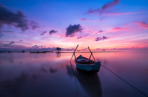 blue, white, boat, body, water, beach, colorful, colourful, dawn, evening, HD wallpaper, holiday, light, nature, ocean, orange, phu quoc, sea, sky, sun, sunrise, sunset, tropical, vacation, vietnam, weather, tranquility, scenics - nature, cloud - sky, nautical vessel, reflection, beauty in nature, transportation, tranquil scene, mode of transportation, no people, idyllic, dusk, seascape, pink color, horizon over water, purple, romantic sky, sailboat, 5K
