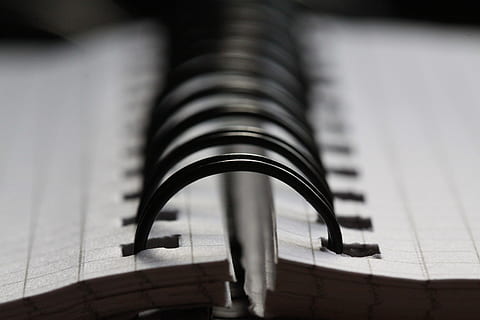 spiral, macro, notebook, to write, brochure, diary, close-up, paper, no people, selective focus, indoors, single object, spiral notebook, page, open, publication, book, extreme close-up, note pad, black color, focus on foreground, striped, creativity, blank, 4K, CC0, public domain, royalty free