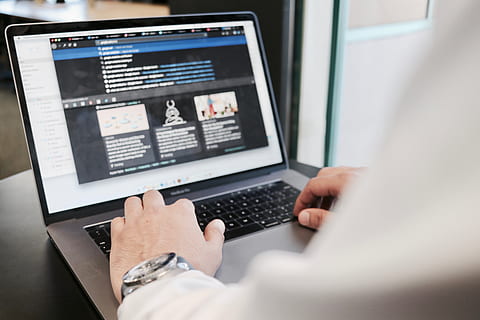 person using macbook, computer, electronics, laptop, pc, grey, poster, screen, console, technology, wireless technology, connection, communication, human body part, real people, hand, human hand, one person, using laptop, indoors, portable information device, table, lifestyles, working, internet, finger, surfing the net, 5K, CC0, public domain, royalty free