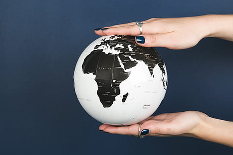 whole, world, hands photo, Hands, Earth, Globe, human hand, hand, human body part, studio shot, one person, holding, globe - man made object, indoors, adult, planet earth, sphere, colored background, women, body part, close-up, space, map, world map, care, nail, finger, black background, economy, 4K